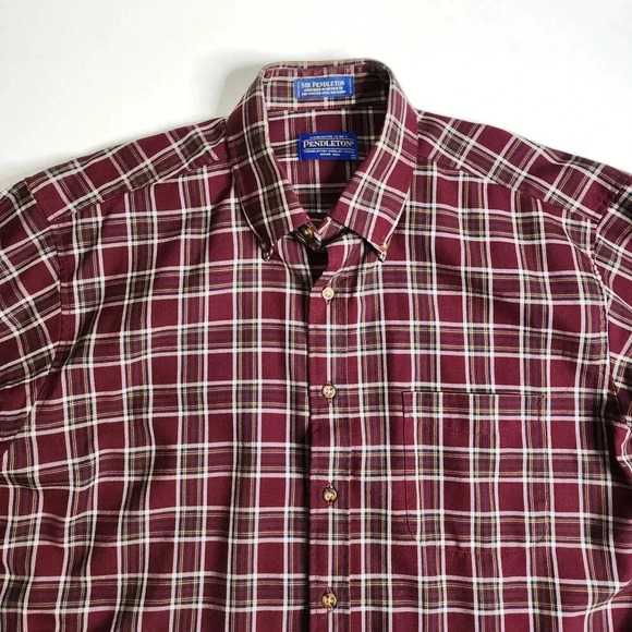 Sir Pendleton Button Shirt 100% Virgin Wool Maroon Plaid Size Large - Picture 5 of 5